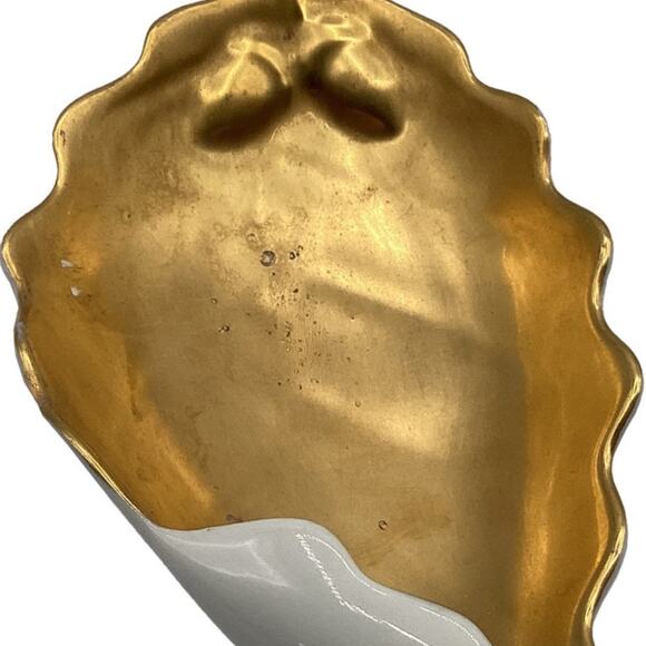 Vintage MCM 1960s Leaf Shaped Dish/Trinket Tray Gold Tone on White Porcelain - Picture 6 of 10